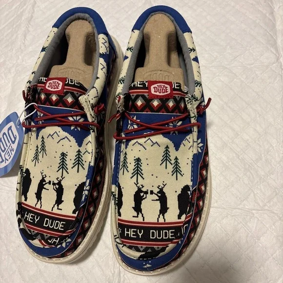 Hey Dude Wally Holiday Cheers‎ Shoes Slip On Christmas Blue Size 9 Mens